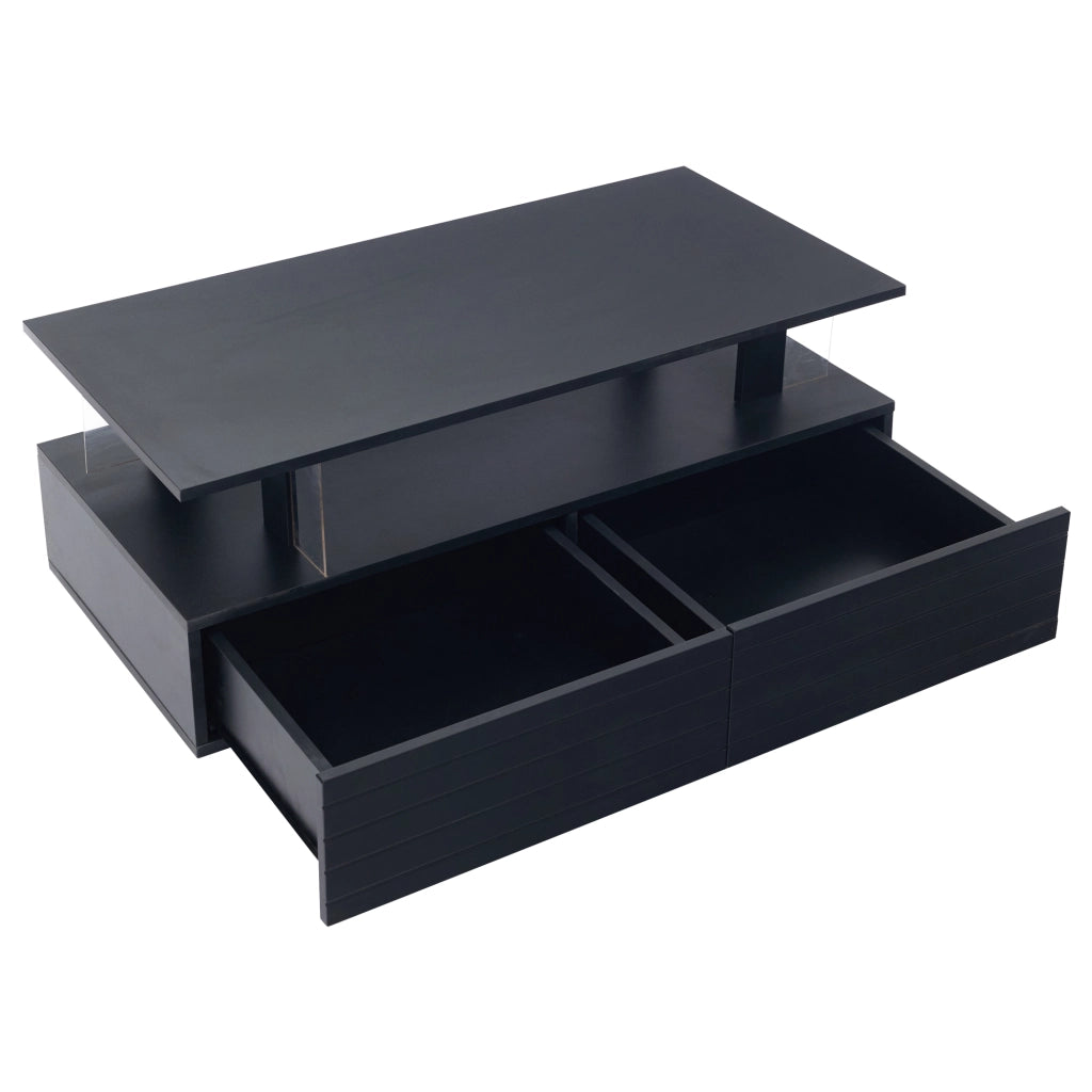 Tavolino da caffè LED 100x50x42 cm con 2 cassetti e ripiano aperto; controllo tramite app; acrilico nero