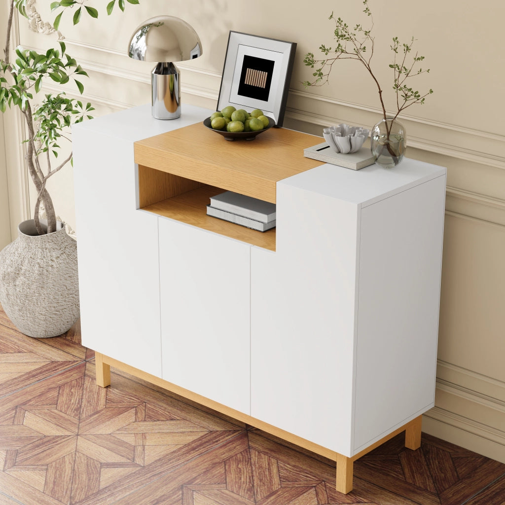Credenza bianca con tre ante e vano centrale aperto; 120;5 cm; pannelli di particelle; effetto legno