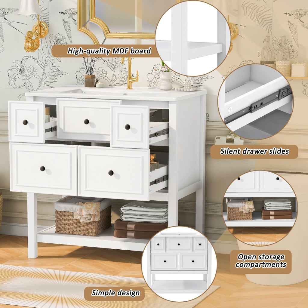 Mobiletto con lavabo a terra in ceramica e MDF con 5 cassetti vani aperti e troppo pieno bianco 76 × 46.5 × 82 cm