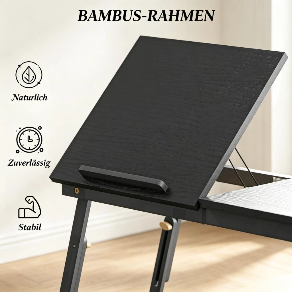 Tavolo da letto per laptop regolabile 70 × 33 cm con piano inclinabile e vano laterale in bambù e MDF nero
