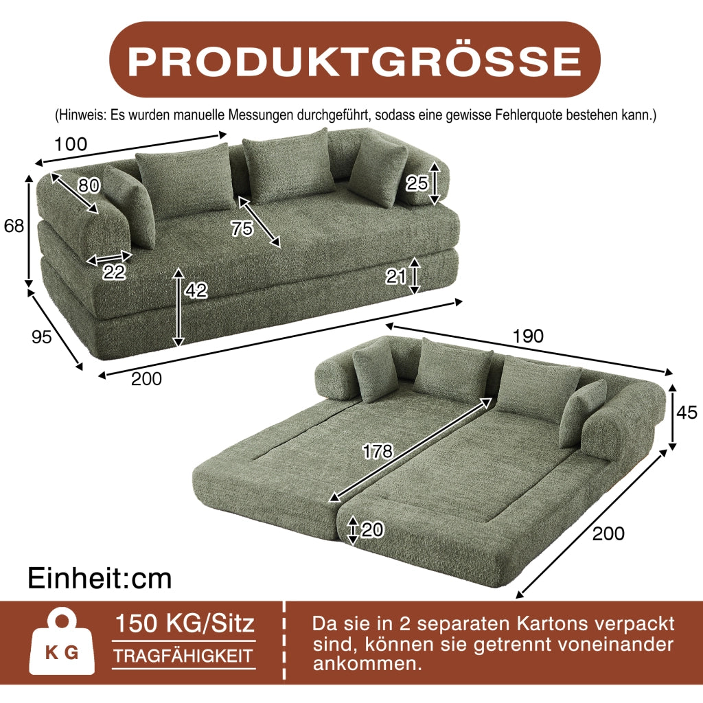 Divano modulare 4 in 1 con schienale regolabile, funzione letto e 4 cuscini, antiscivolo in ciniglia verde