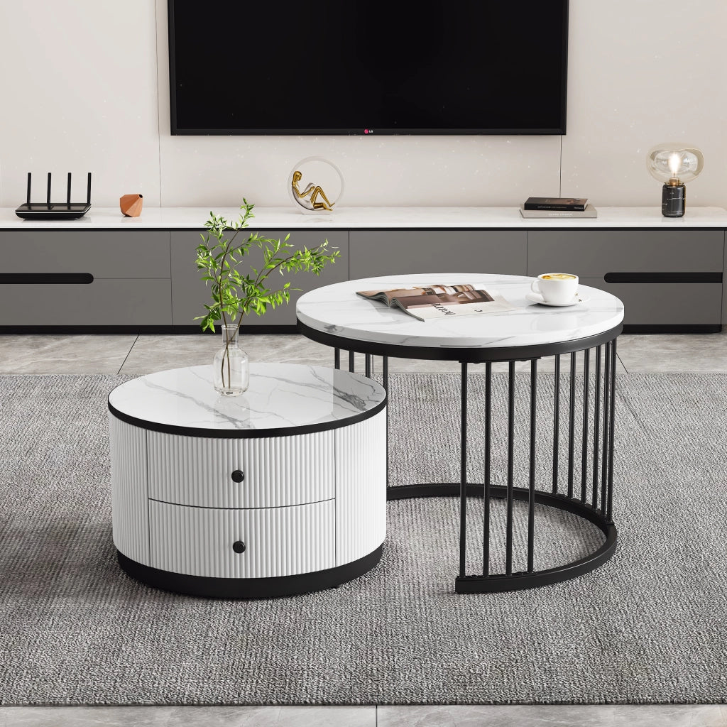 Set di 2 tavolini da caffè rotondi con cassetti; MDF effetto marmo bianco e nero