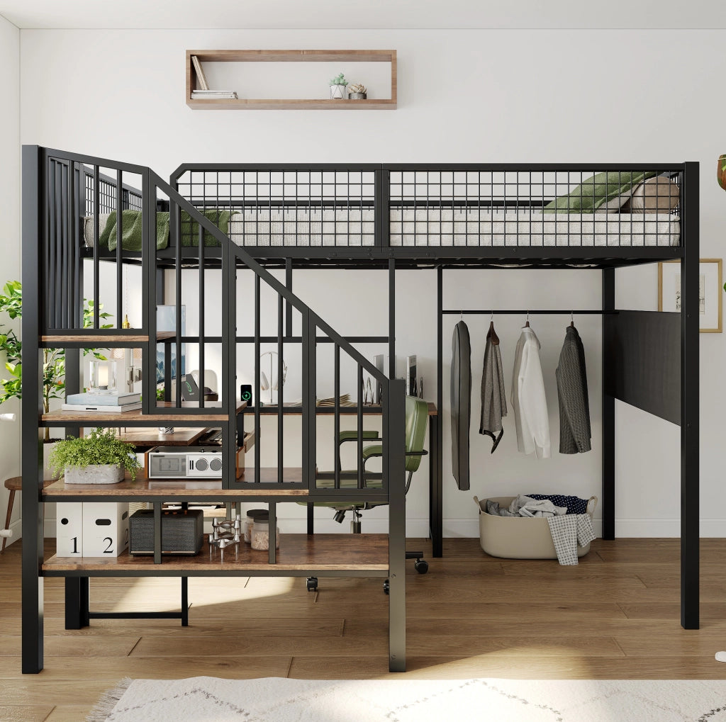 Letto a soppalco 140x200 cm con scrivania angolare e scala; nero effetto vintage HOMVRA