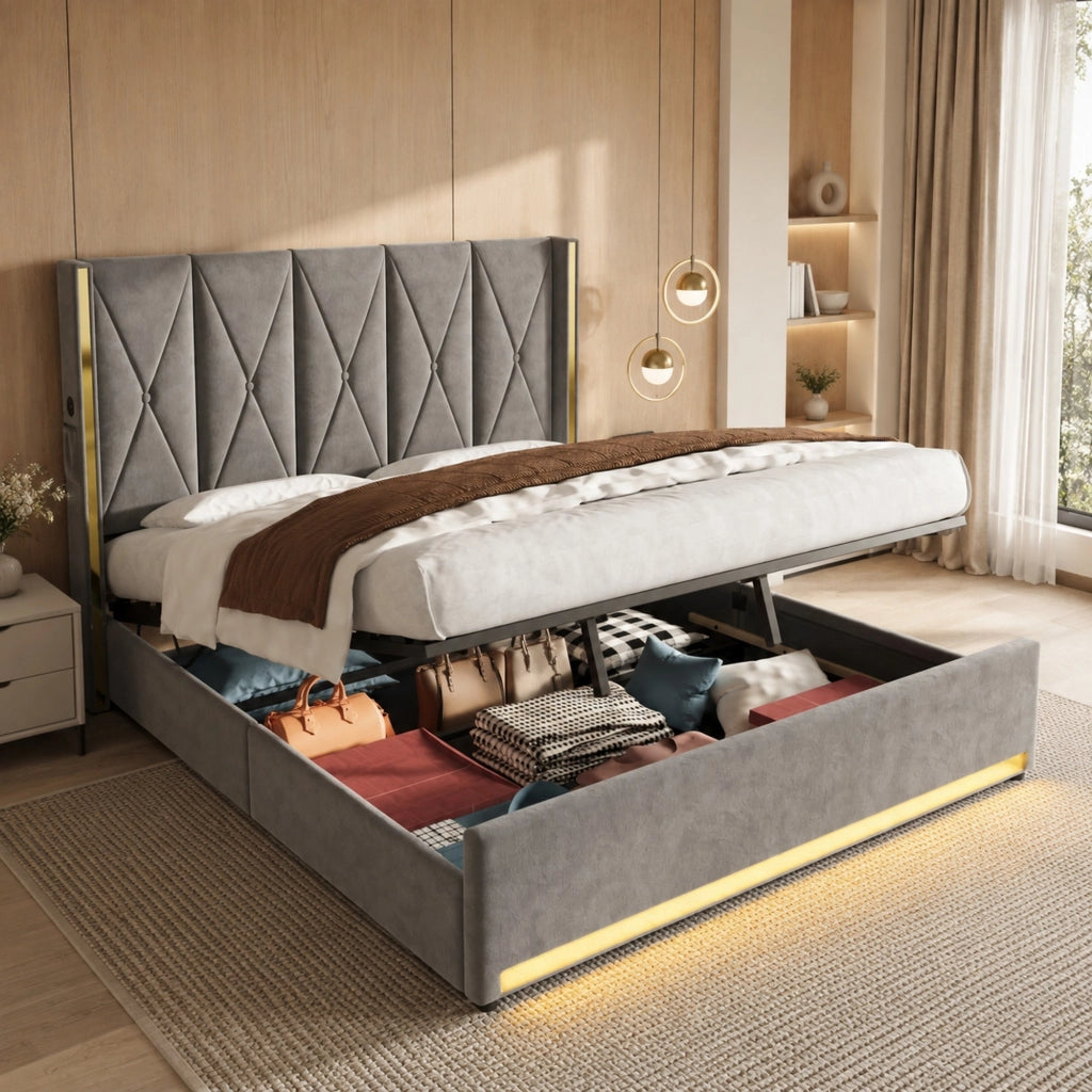Letto contenitore in velluto grigio scuro 180x200 cm con LED, USB e Type-C