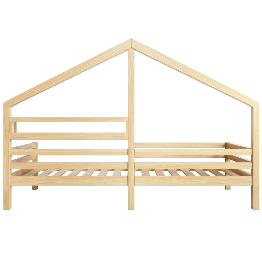 Letto a casetta 90 × 200 cm con libreria posteriore in legno di pino naturale e barriera anticaduta con 15 doghe