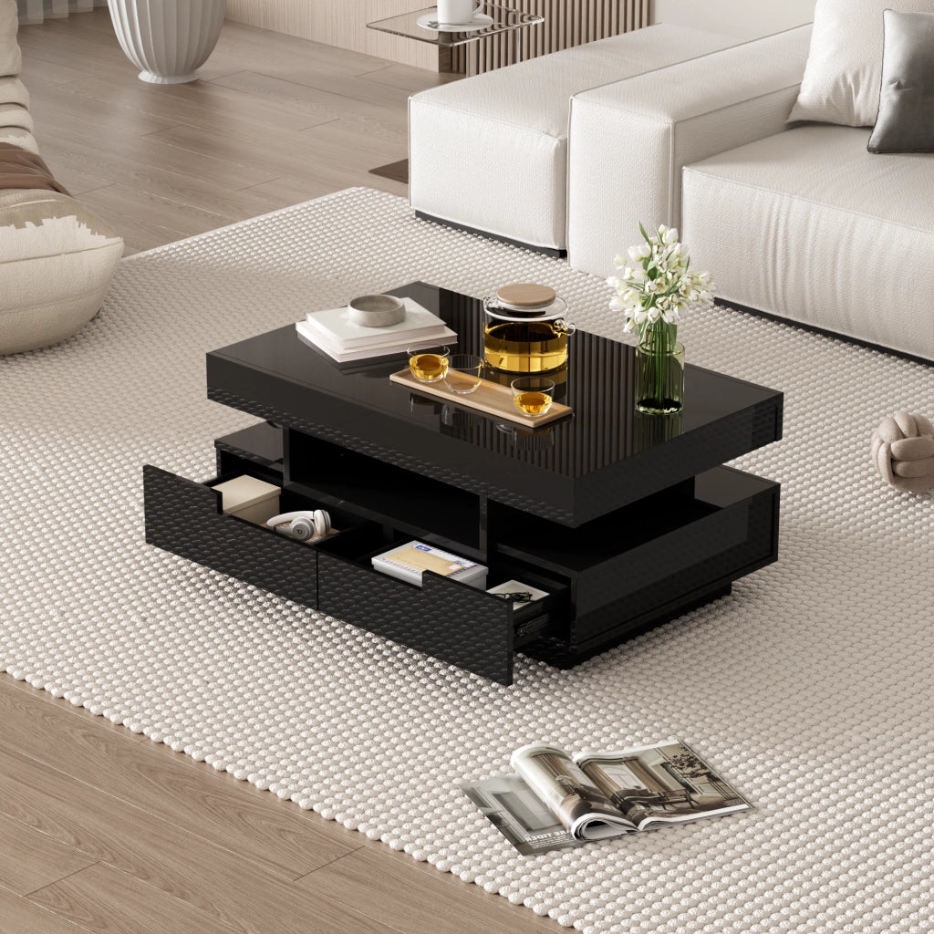 Tavolino basso fisso con LED regolabile 3 vani aperti e 4 cassetti nero lucido 80 × 50 × 36 cm