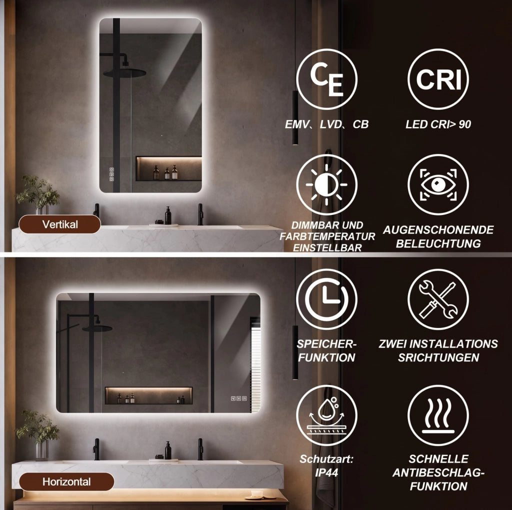 Specchio da bagno LED rettangolare 60×80 cm con illuminazione dimmerabile, funzione antiappannamento e montaggio verticale o orizzontale