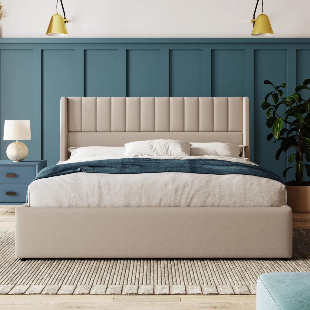 Letto contenitore imbottito idraulico matrimoniale 140x200 cm, rete a doghe in legno su struttura in metallo, lino - Beige (con materasso)