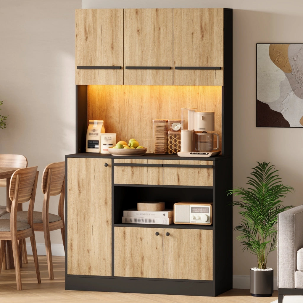 Mobile colonna da cucina con LED RGB; 2 cassetti e ripiani regolabili in MDF naturale e nero 100 × 40 × 180 cm
