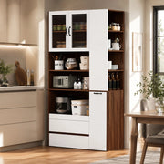 Credenza alta 100 × 40 × 200 cm con 2 cassetti ripiani estraibili e vetro scanalato in MDF bianco e noce