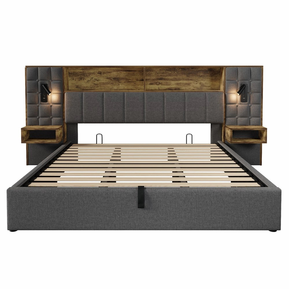 Letto imbottito contenitore ¨C Minimal ¨C grigio tessuto 180x200cm con LED rete a doghe senza materasso