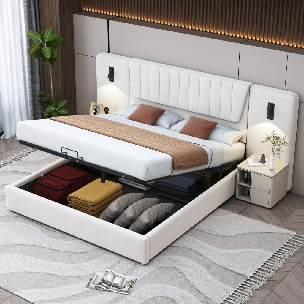 DESMIU Letto Matrimoniale 180 × 200 cm con contenitore idraulico, lampade da lettura, USB, senza materasso, in velluto, beige