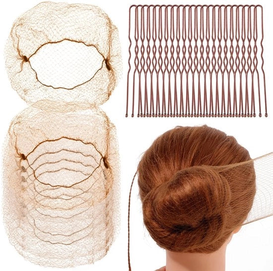Set di reti per capelli - 20 pezzi - 50 clip U a forma - Nylon - Caffè/Scuro - 50 cm di lunghezza - accessori per capelli