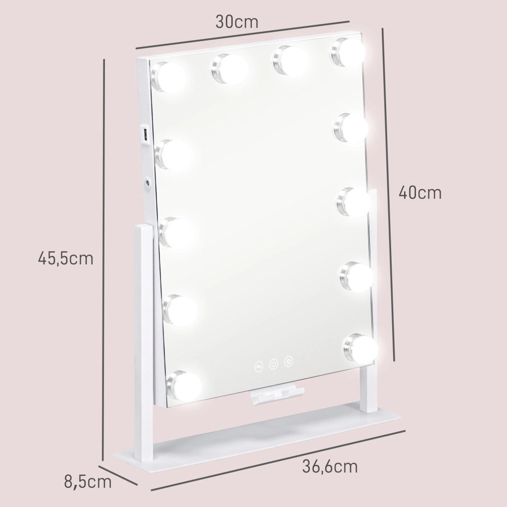 Specchio da Trucco con Luci ¨C Xylo ¨C 30x40 cm 12 Lampadine 3 Modalit¨¤ Touch Bianco