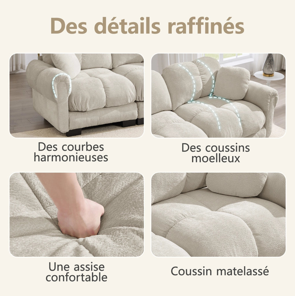 Divano angolare modulare 4 posti in tessuto chenille colore kaki chiaro, con pouf mobile e design ergonomico