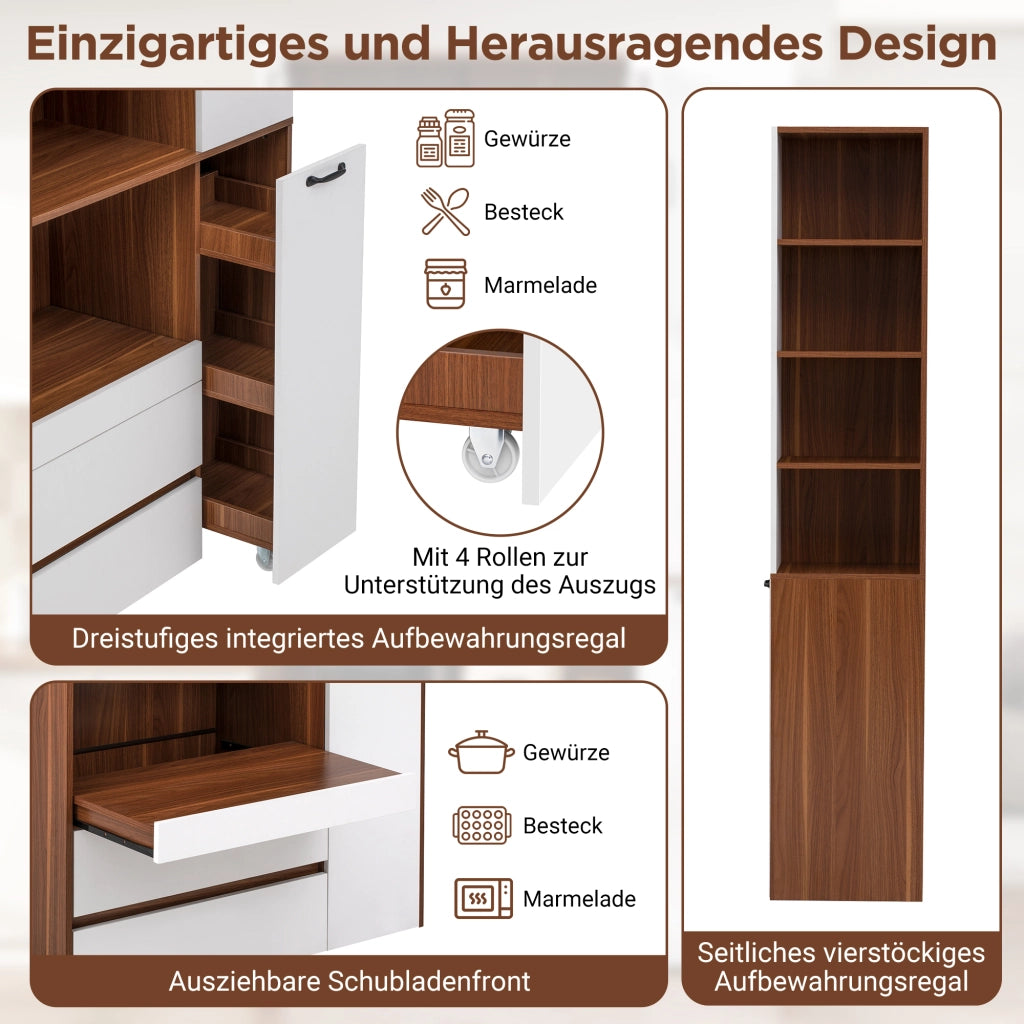 Credenza alta con 2 cassetti ante in vetro rigato e ripiano estraibile per cucina e sala da pranzo MDF bianco noce