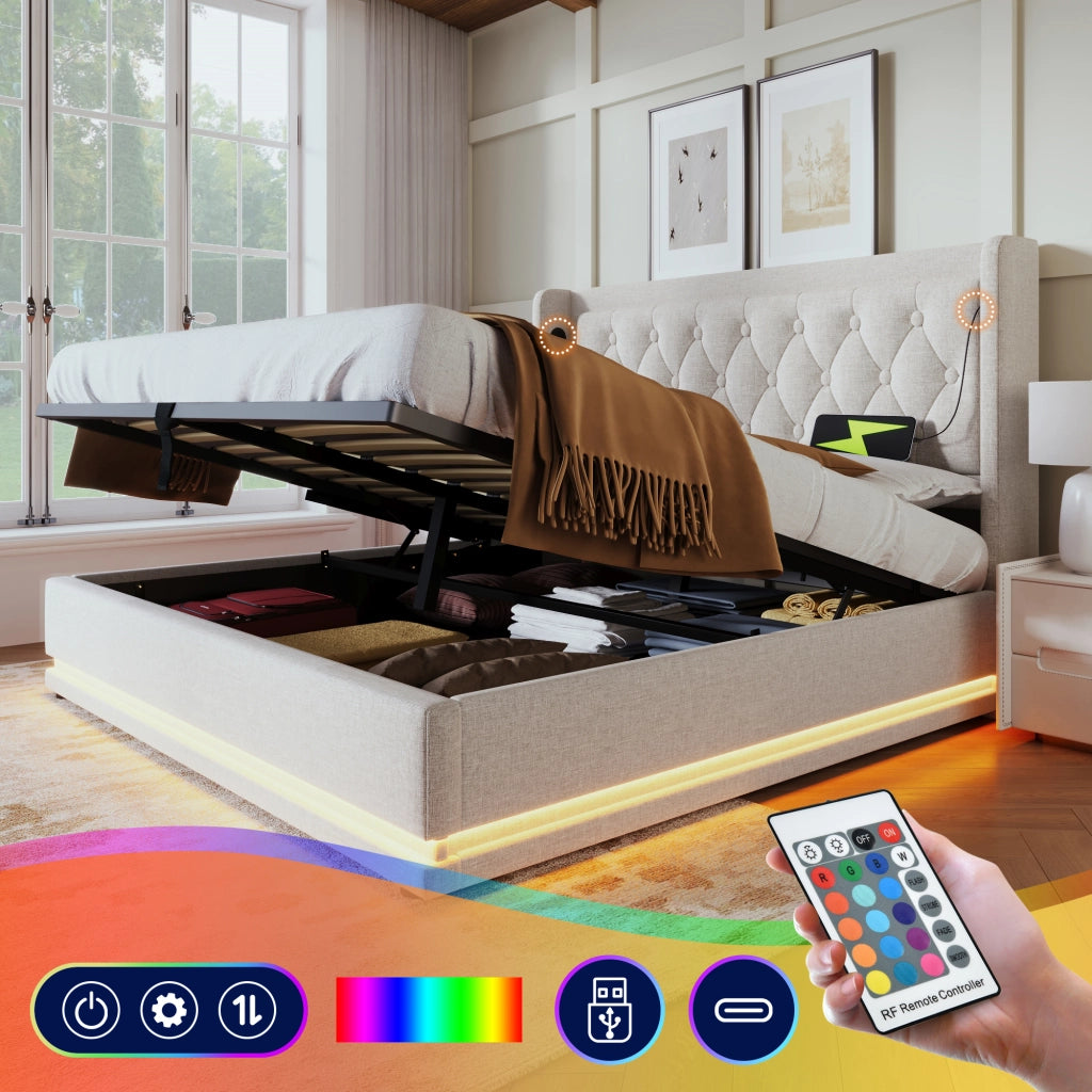 OKWISH Letto Contenitore 140×200 cm, Letto Matrimoniale con USB, Tipo C e LED Regolabile, senza Materasso, in Cotone, Beige