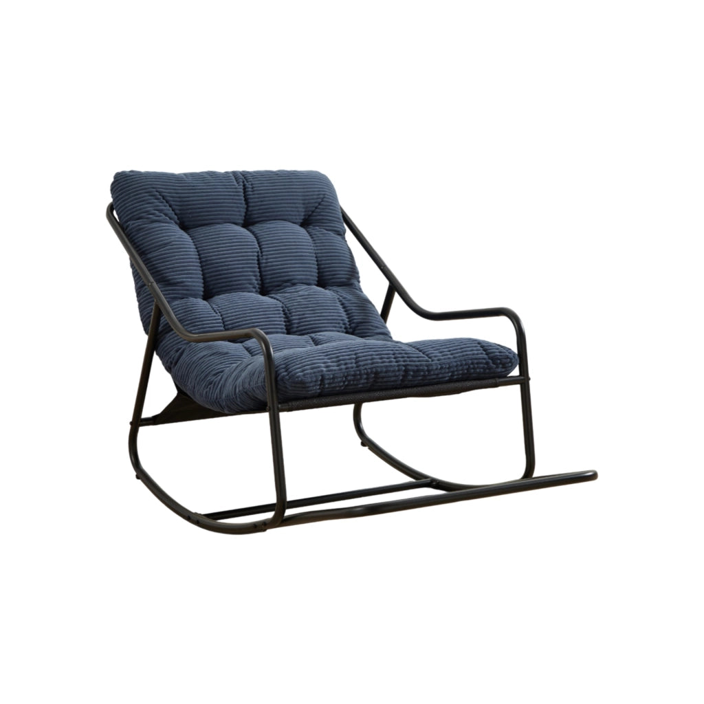 Sedia a dondolo da esterno 116x75x82 cm in acciaio nero con cuscino blu navy