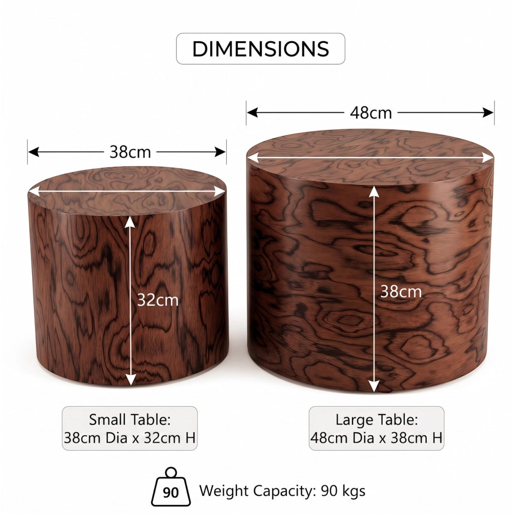 Set di 2 tavolini da caffè nidificanti rotondi effetto tronco; legno massello e MDF; marrone scuro
