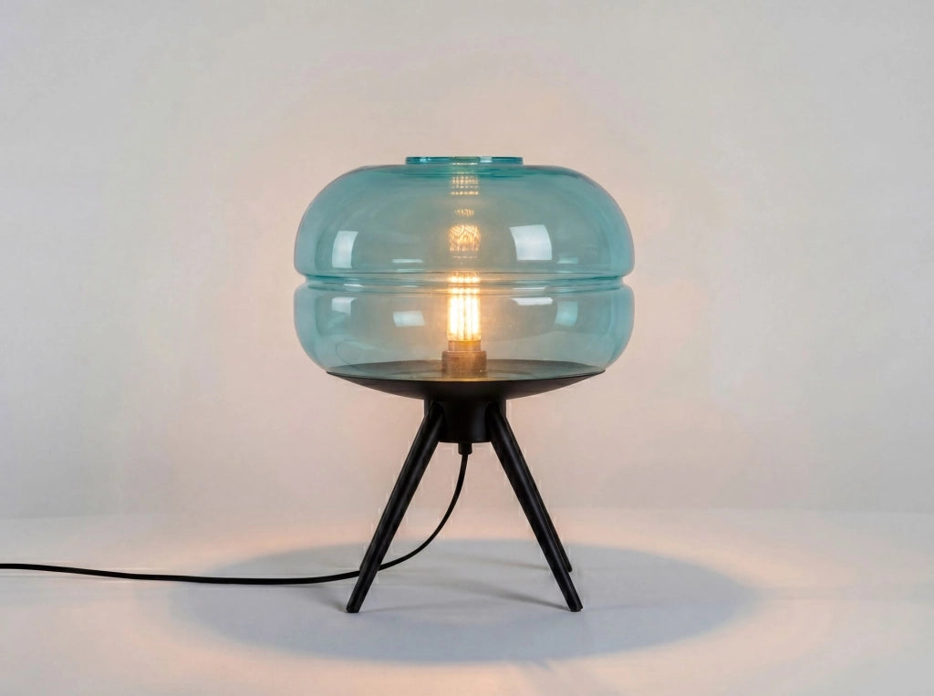 Lampada da tavolo in vetro blu e acciaio nero