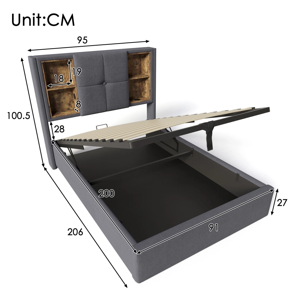 Letto Singolo 90x200 Imbottito Grigio con Contenitore e Ricarica Wireless