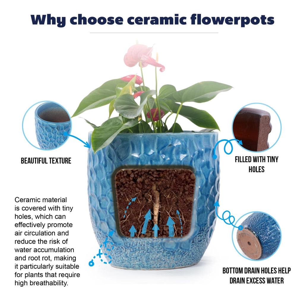 Vaso da fiori set di 4 blu smaltati con rilievo martellato e foro di drenaggio per interno balcone e giardino