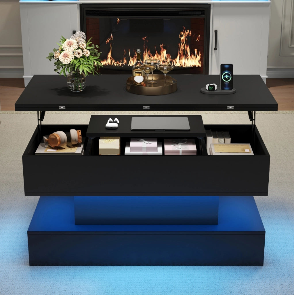 Tavolino da salotto sollevabile 100x50x51;5 cm con LED; presa integrata e spazio contenitore; nero