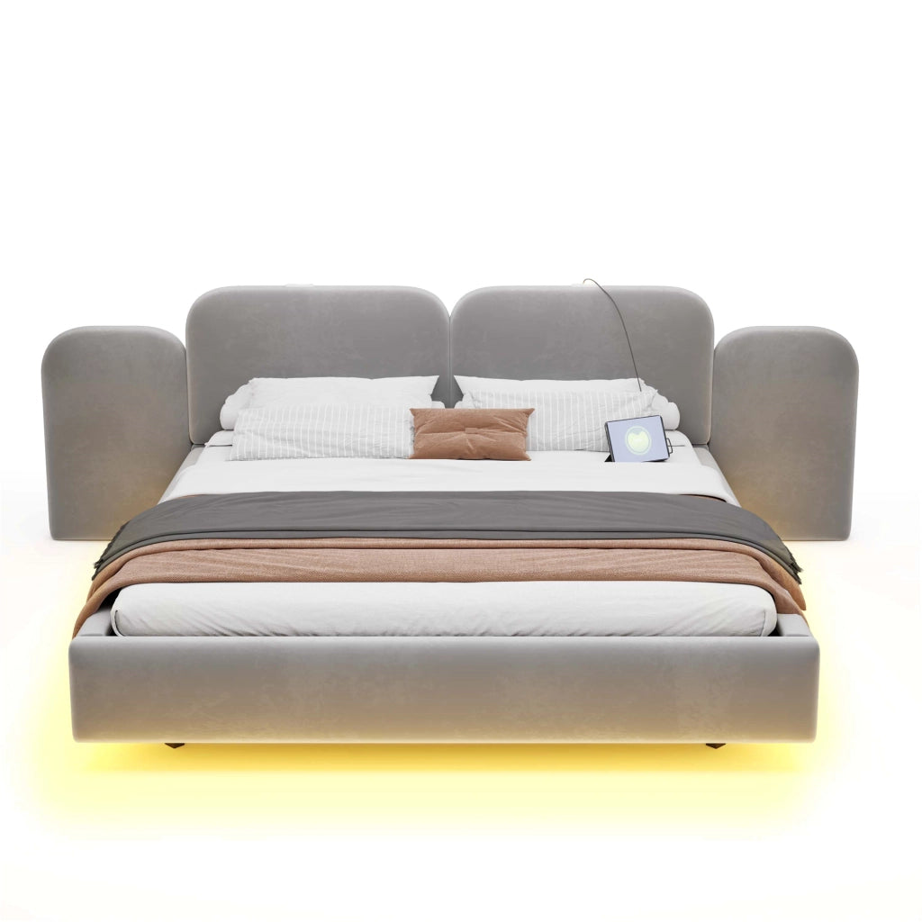 Letto contenitore 180 × 200 cm con sollevamento idraulico; LED RGB; USB e USB-C; rivestito in velluto grigio