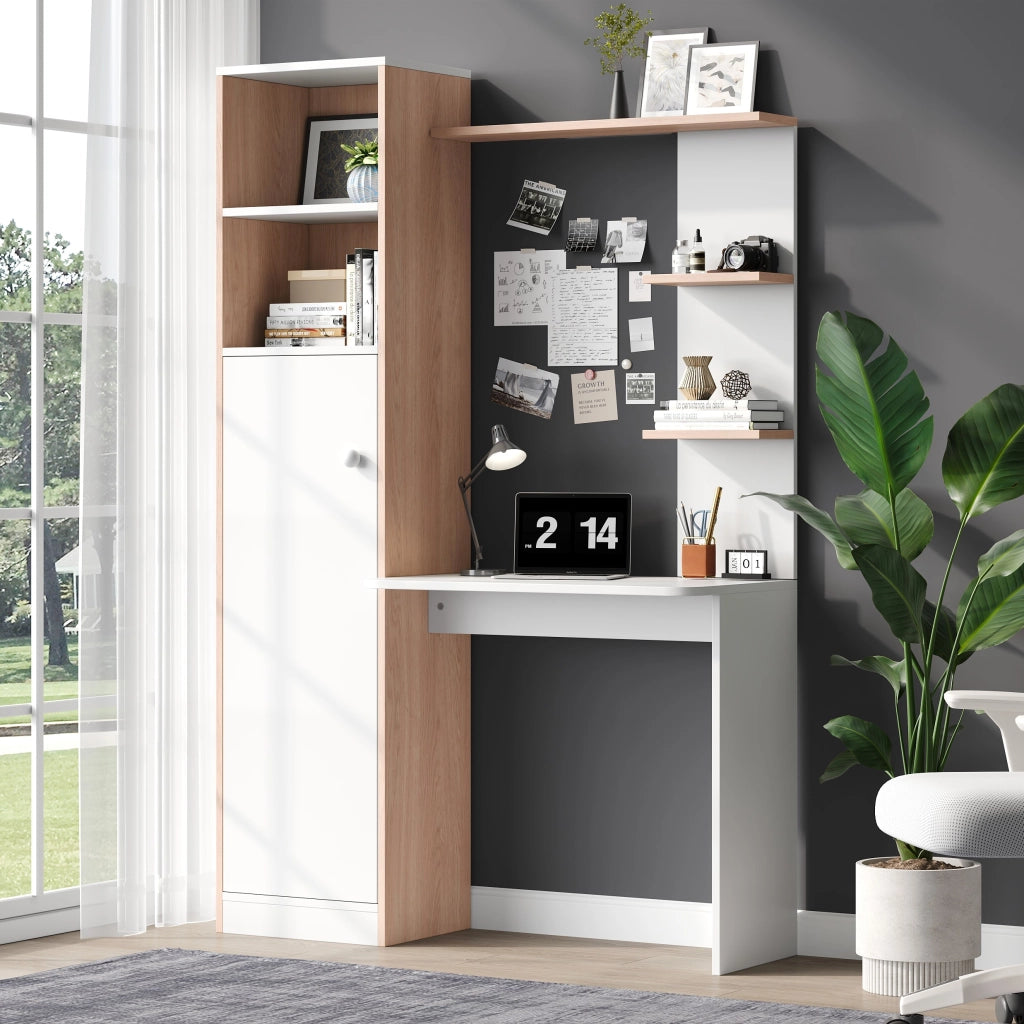 Scrivania da lavoro con contenimento ¨C bianca con contrasto in legno, mobile inferiore con ante e scaffale superiore aperto, design da ufficio, 123,5x45x168,5 cm