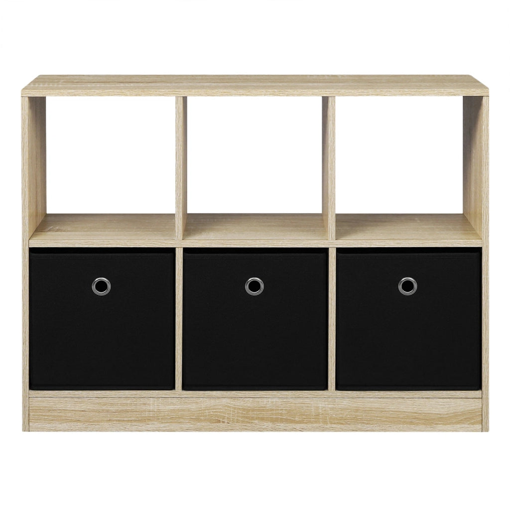 Scaffale a cubi 80x30x61 cm con 3 cassetti in tessuto legno ingegnerizzato rovere chiaro e nero