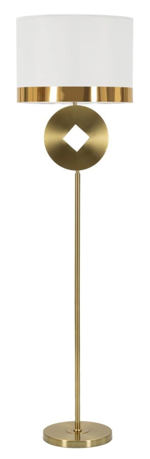 Lampada da Terra Coin 151cm - Piantana Glam in Metallo Dorato con Decorazione Geometrica e Paralume in Tessuto - E27 40W