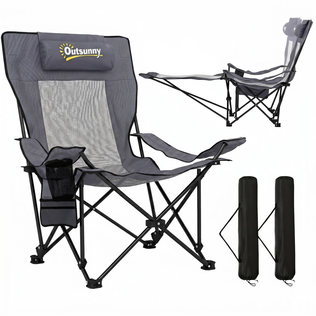 Set 2 Sedie da Campeggio Pieghevoli Grigio Scuro con Schienale Regolabile Poggiapiedi Portabicchieri e Poggiatesta per Giardino Pesca