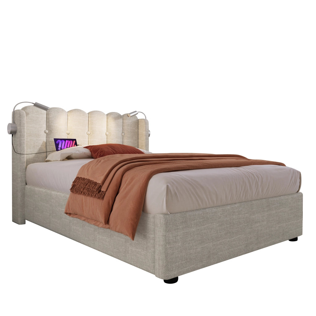 Letto singolo con contenitore 90 × 200 cm con luce da lettura USB rivestito in lino naturale rete a doghe inclusa