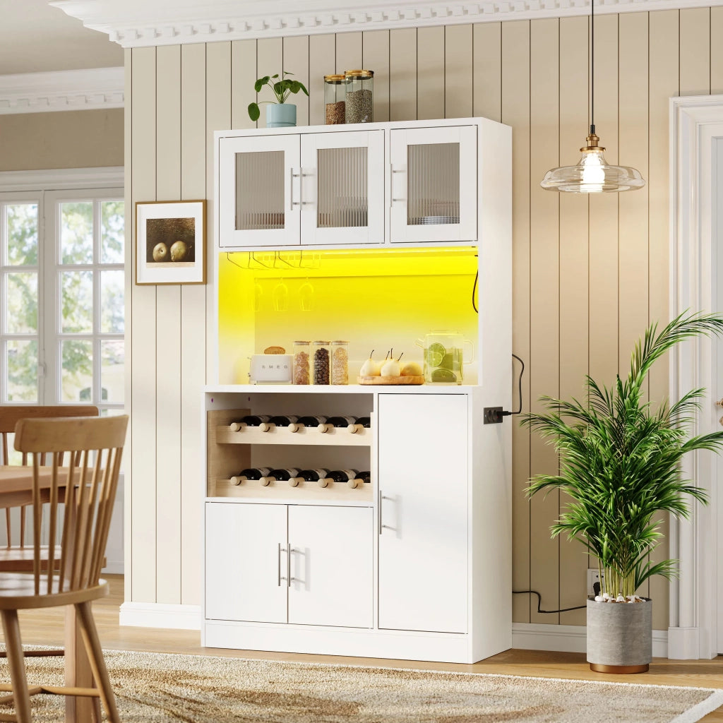 Dispensa da cucina bianca 100x40x180 cm con ante in vetro, LED RGB e presa elettrica, portabicchieri e scaffale vino, mobile alto moderno