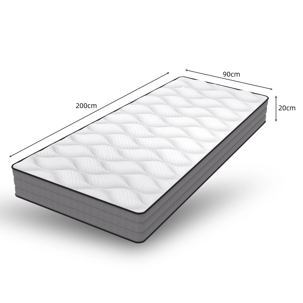 Materasso a molle insacchettate a 7 zone con memory foam; altezza circa 20 cm; bianco e grigio