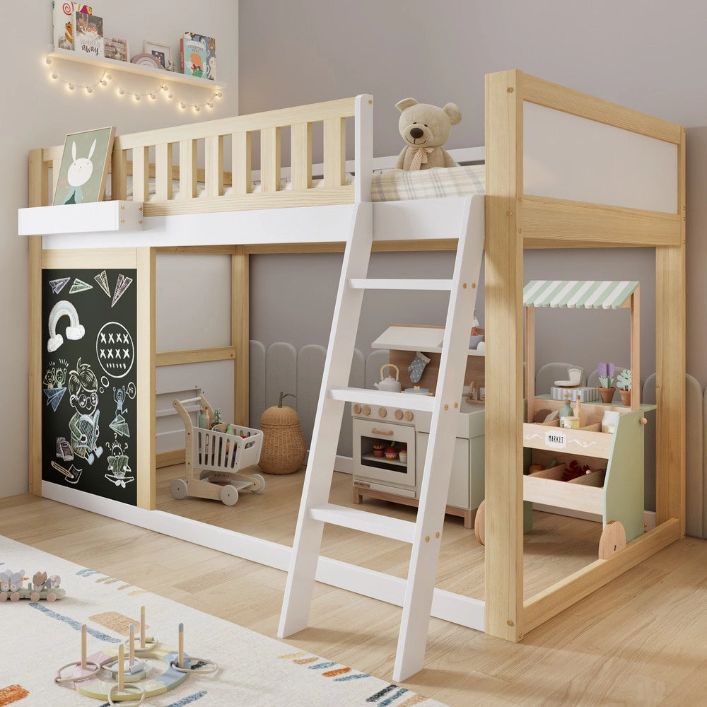 Letto a Soppalco per Bambini con Cassetti e Rete a Doghe ¨C MINIMAL ¨C Pino e MDF, Bianco/Naturale, 90x200