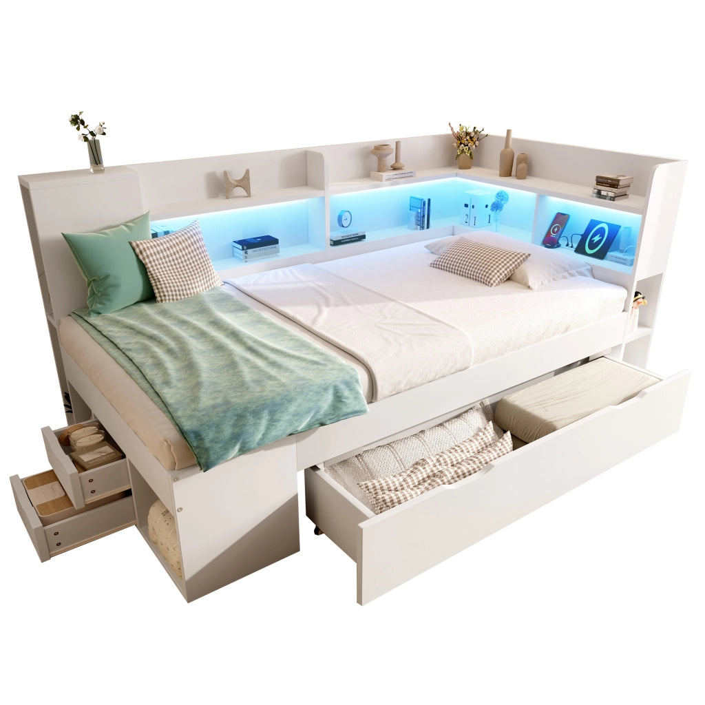 Letto per Bambini 90x200 cm con LED; USB e Type-C; cassetti e ripiani; struttura in legno bianco