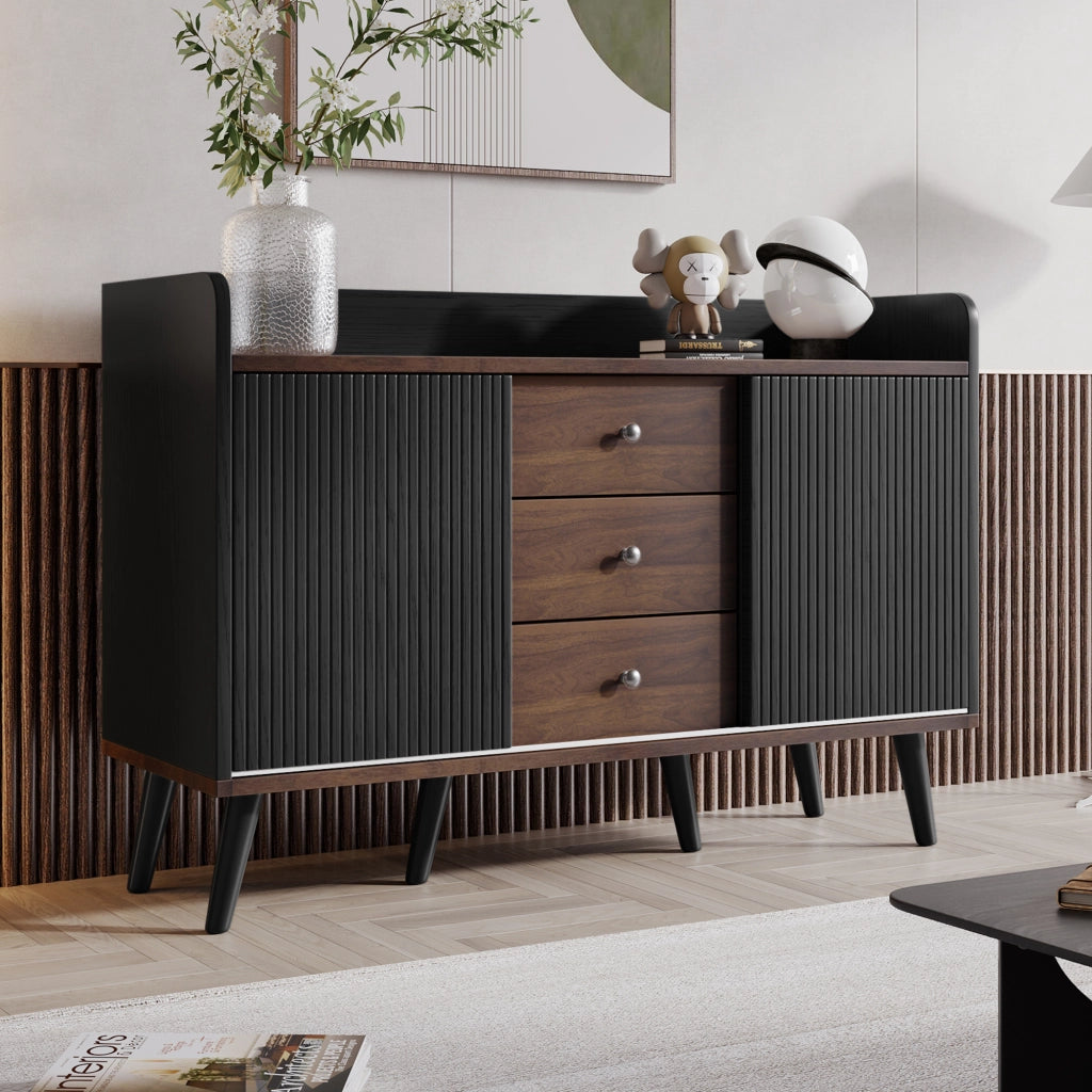 Credenza 2 ante scorrevoli 3 cassetti ripiani regolabili nero e legno con gambe in legno 117;5 × 40 × 80 cm