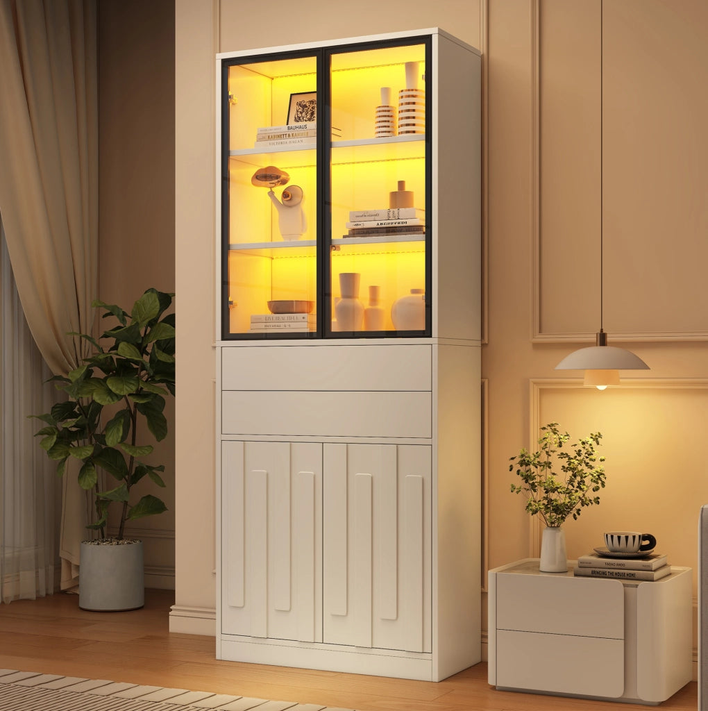 Vetrina alta 70×34×180 cm bianca con LED, 2 cassetti e ante in vetro temperato per soggiorno e cucina