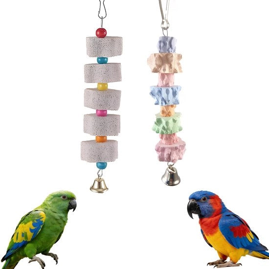 Accessori per gabbia da uccello - 2 pezzi - pietre minerali becco/scheggia - giocattolo per uccelli - accessori per gabbia da uccello appesa - sostenibile - orologio a suono - giocattolo per uccelli