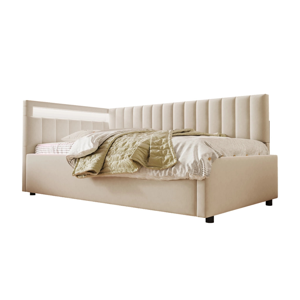 Letto singolo con contenitore 90 × 200 cm imbottito in velluto beige con LED e testiera reversibile