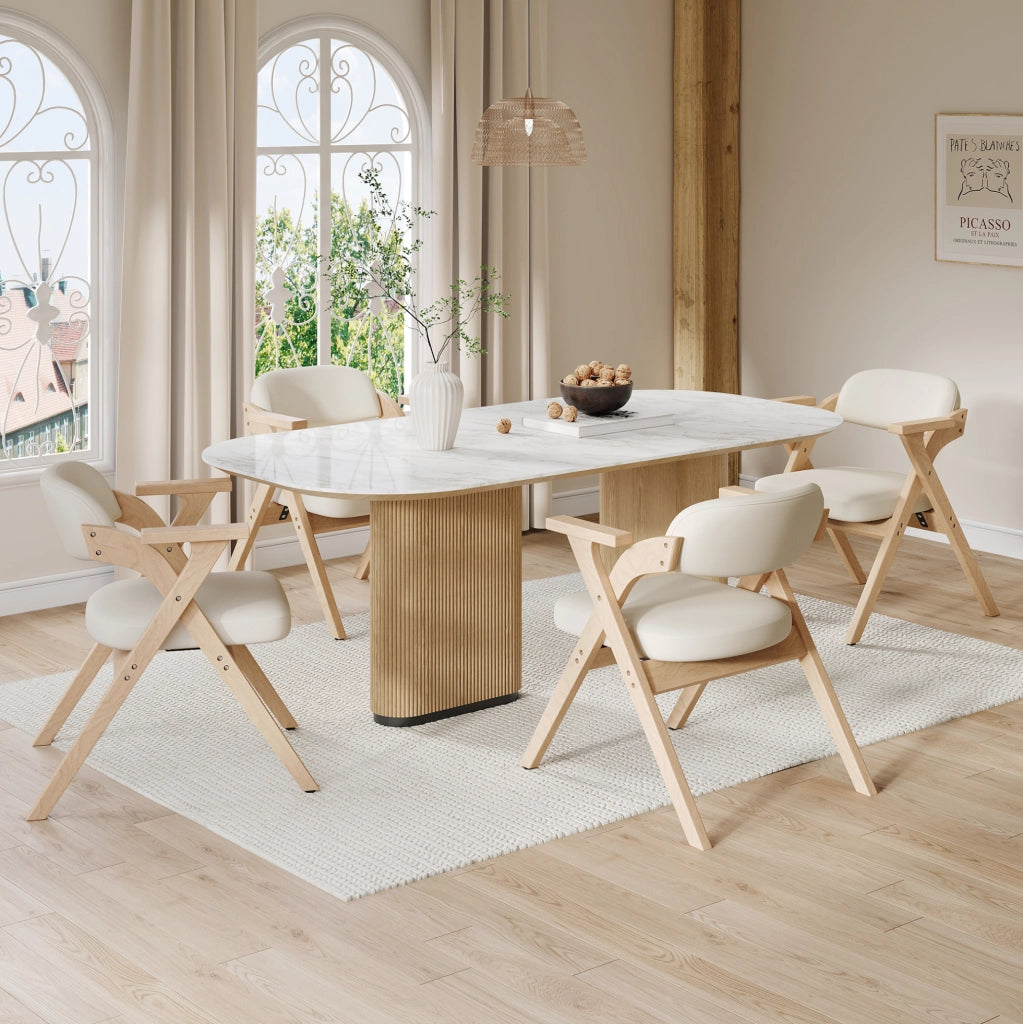 Set di 2 sedie da pranzo pieghevoli in legno massello e lino beige con braccioli