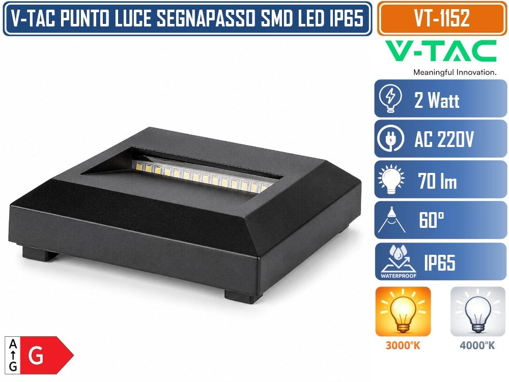 V-TAC VT-1152 FARETTO SEGNAPASSO LED QUADRATO DA PARETE 2W A MONTAGGIO SUPERFICIALE PER INTERNO ED ESTERNO IP65 NERO 70 LM 3000K/ - Colore Luce:Bianco Naturale