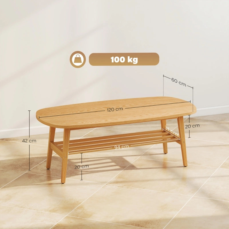 Tavolino basso fisso ovale per soggiorno con ripiano inferiore e finitura legno naturale 120 × 60 × 42 cm