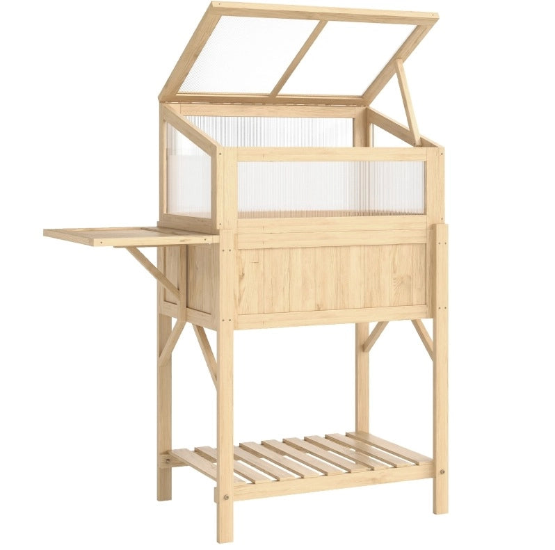 Orto rialzato ULEVR 104x50x120 cm con serra, tavolino pieghevole e ripiano, legno naturale