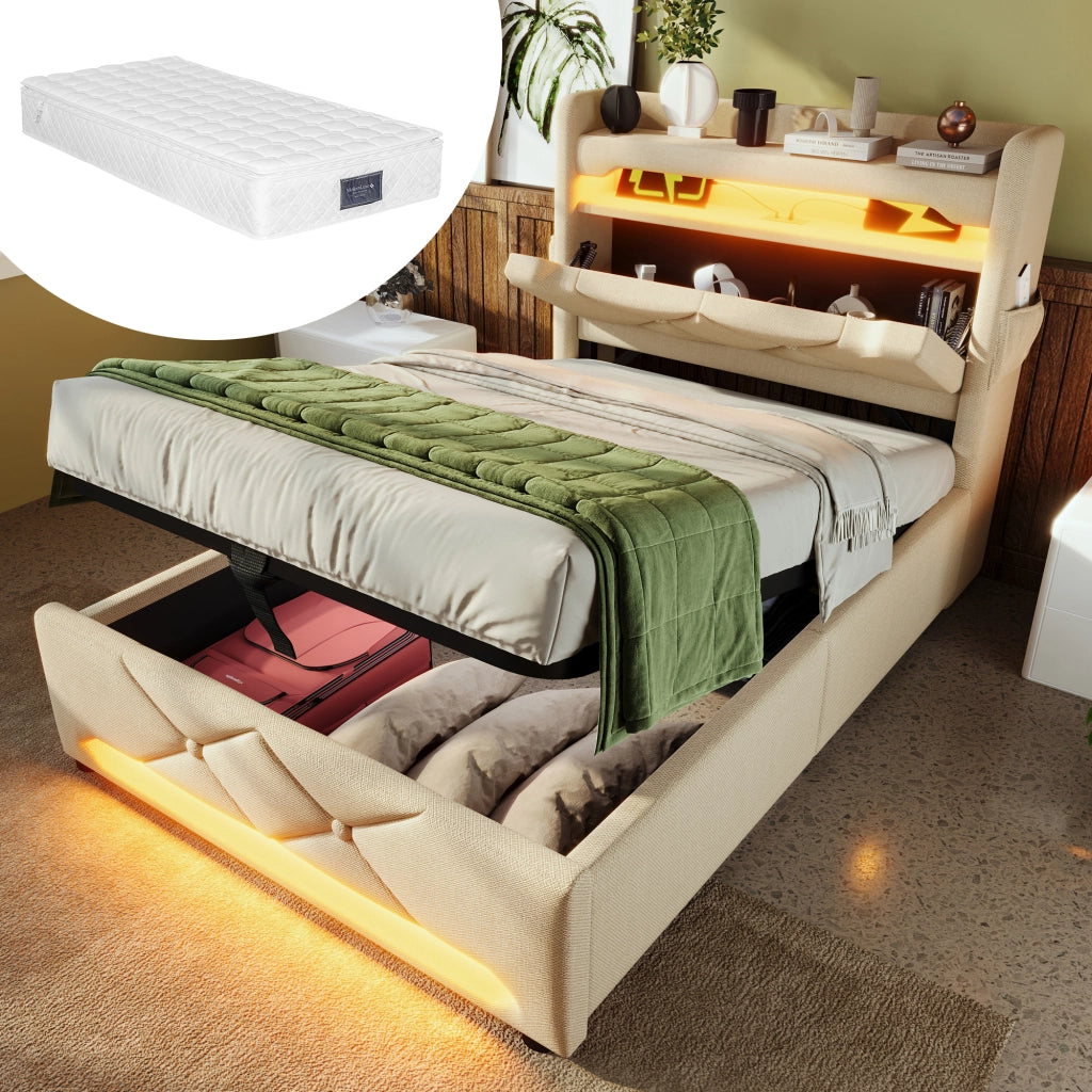 Letto singolo con contenitore 90 × 200 cm con testiera USB e Type-C LED 360° in lino beige con materasso