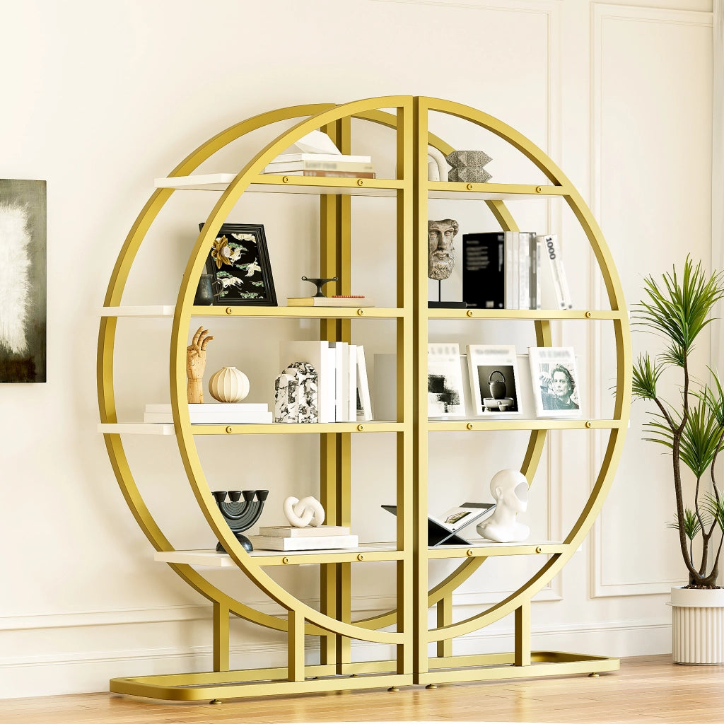 Libreria modulare aperta a 2 elementi con 4 ripiani per soggiorno e cucina, in MDF e metallo, oro e bianco, 120 × 30 × 130 cm