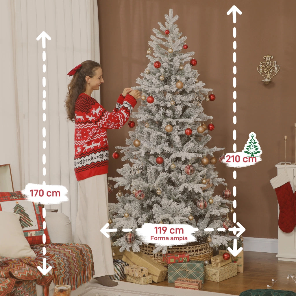 Albero di Natale Innevato Artificiale 210 cm con Base in Metallo Pieghevole Rami Realistici Facile da Montare per Casa