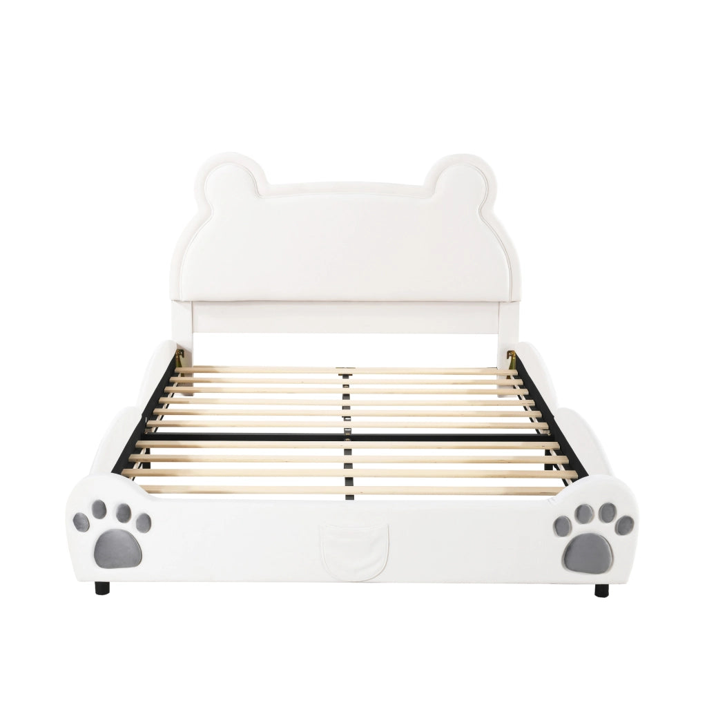 Letto per Bambini 140x200 cm; Con Testiera a Orso; in Tessuto Imbottito; Bianco