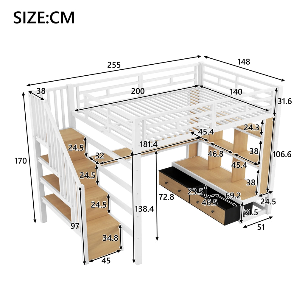 Letto a Soppalco 140x200 cm con Scrivania; LED; Contenitore; Scala e Sponde; Bianco